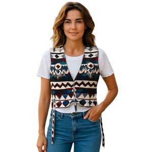 Brown and White Tie Front T-Shirt with Geometric Design